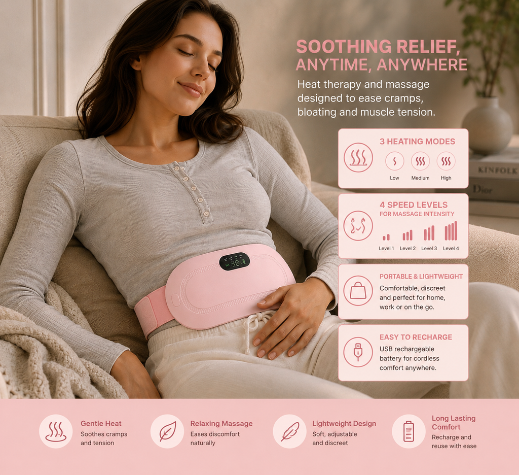 SIMPLORA Relief Belt, cordless heated massage belt for period cramps and lower back pain