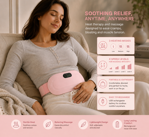 SIMPLORA Relief Belt, cordless heated massage belt for period cramps and lower back pain